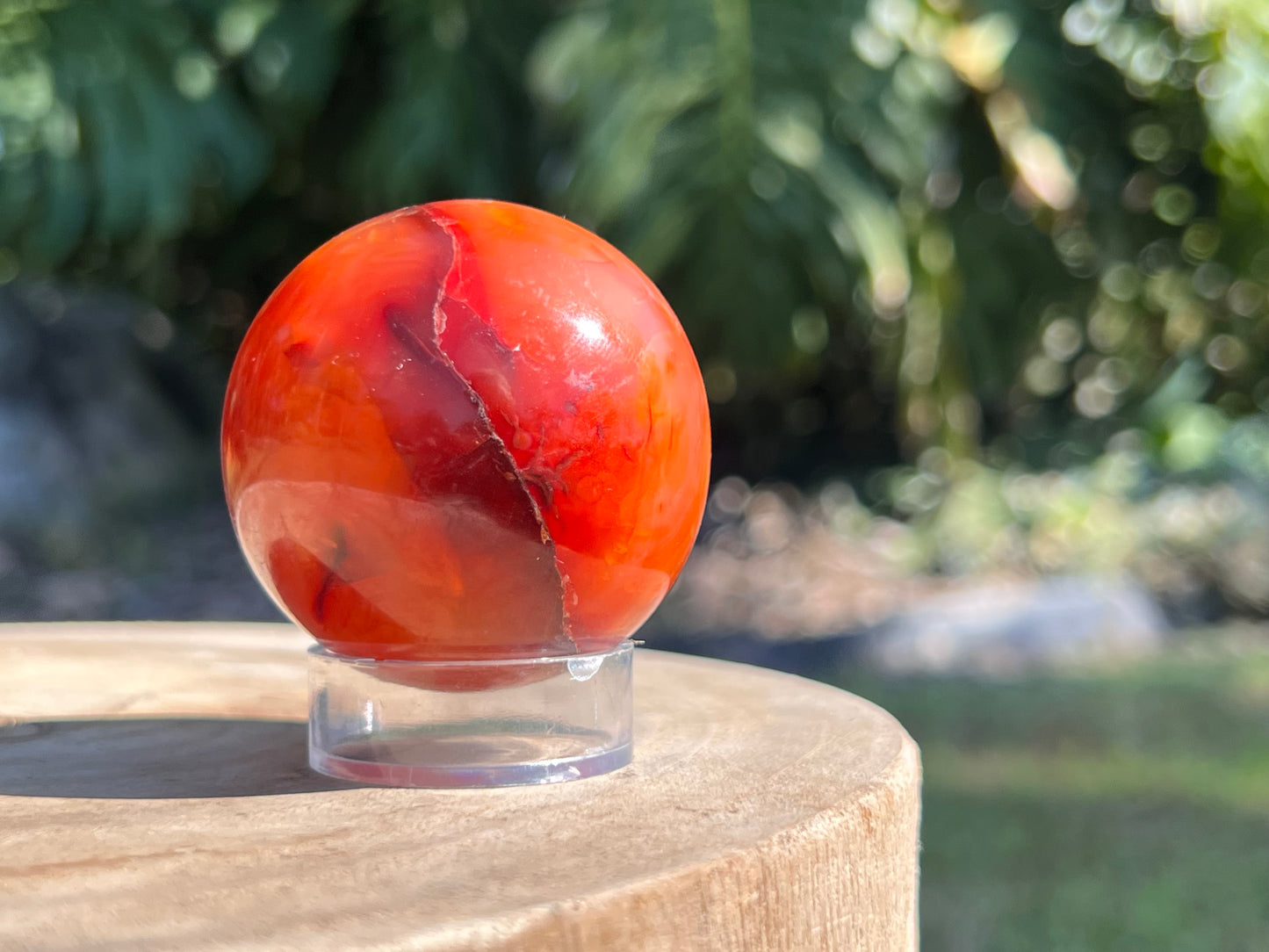 Vibrant Carnelian sphere with rich orange-red tones, celebrated for boosting confidence, motivation, and creative energy