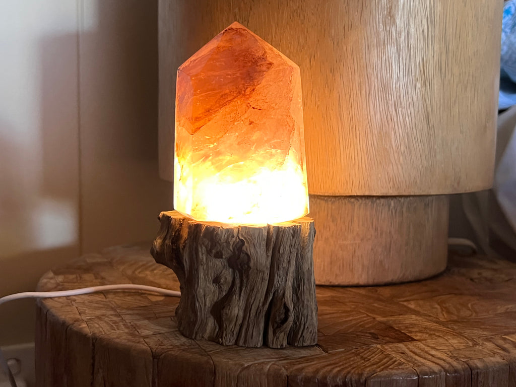Wooden LED Sphere Stand. Light Base with crystal point