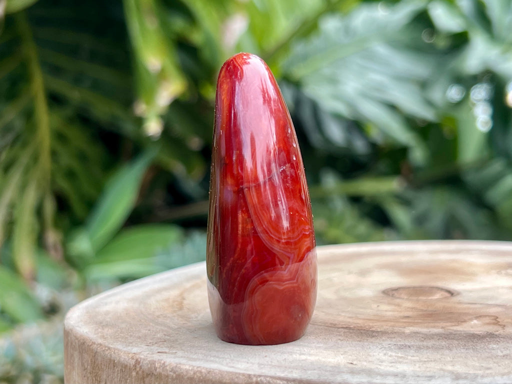 Carnelian freeform with rich orange and red swirls, polished to a glossy finish, radiating warmth, vitality, and creative energy