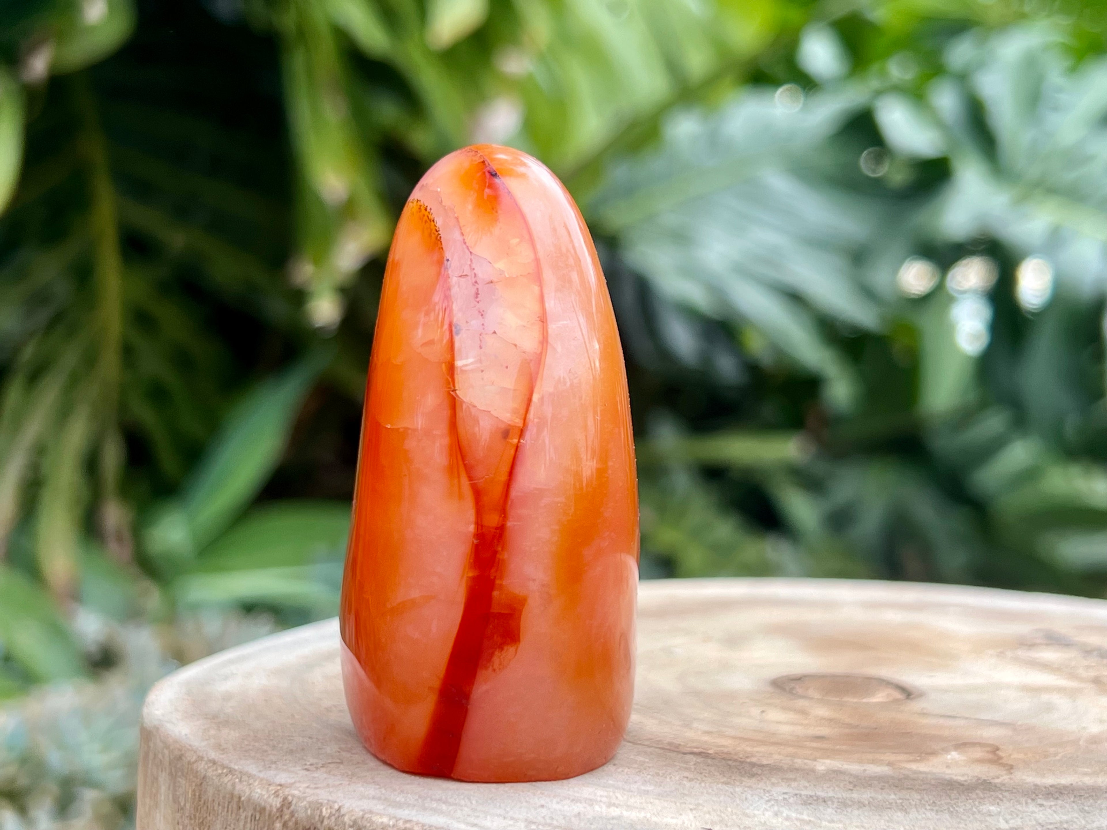 Carnelian freeform with rich orange and red swirls, polished to a glossy finish, radiating warmth, vitality, and creative energy