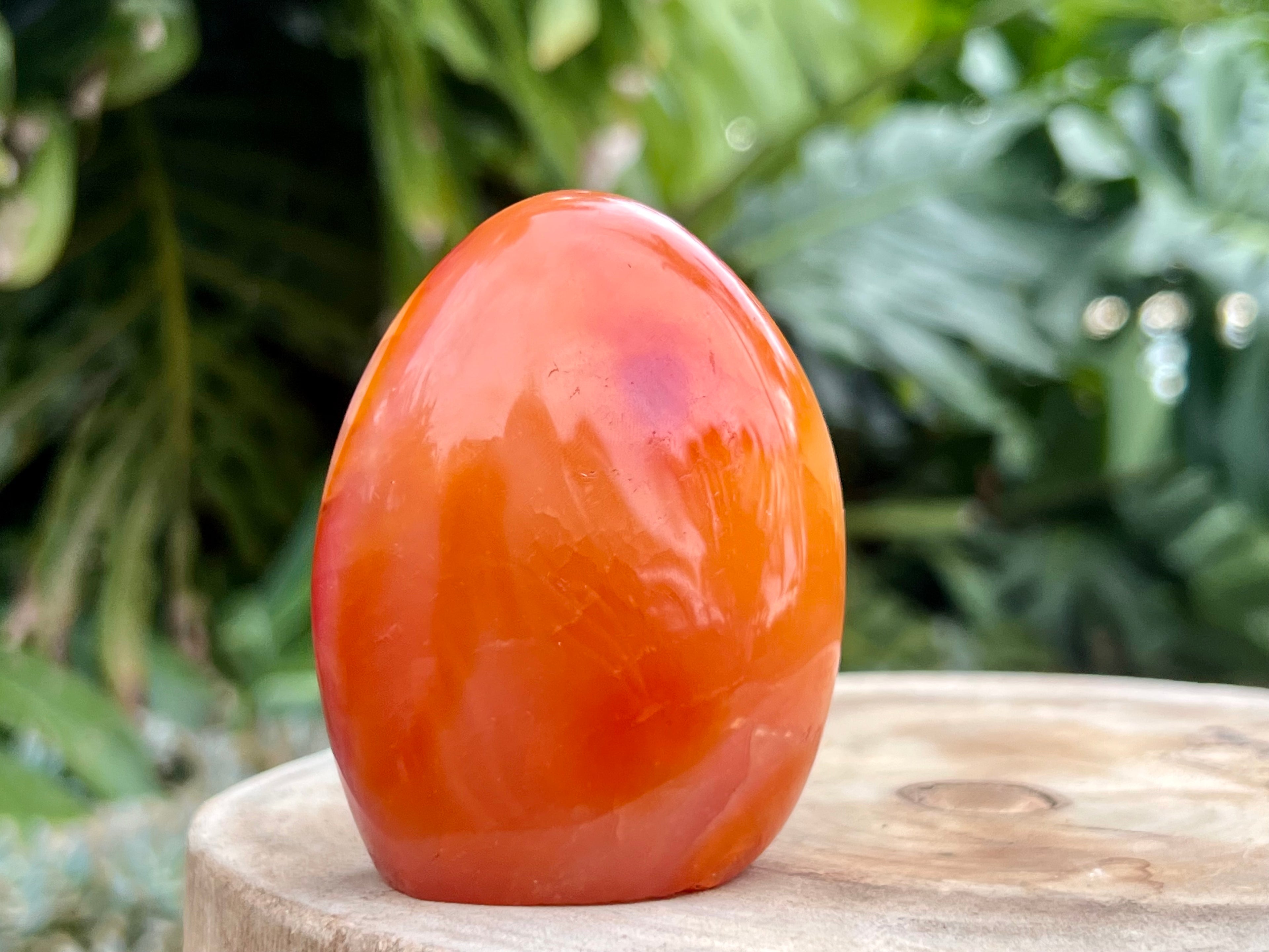 Carnelian freeform with rich orange and red swirls, polished to a glossy finish, radiating warmth, vitality, and creative energy