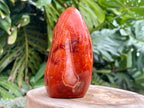 Carnelian freeform with rich orange and red swirls, polished to a glossy finish, radiating warmth, vitality, and creative energy