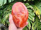 Carnelian freeform with rich orange and red swirls, polished to a glossy finish, radiating warmth, vitality, and creative energy. This photo is me holding the freeform to show you the size 