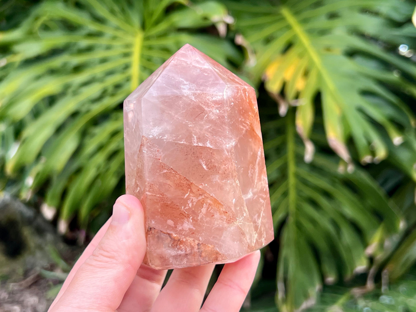 Hematoid Quartz point with clear and reddish-golden inclusions, combining the grounding energy of Hematite with the clarity of Quartz. This photo is of me holding the point to show the size 