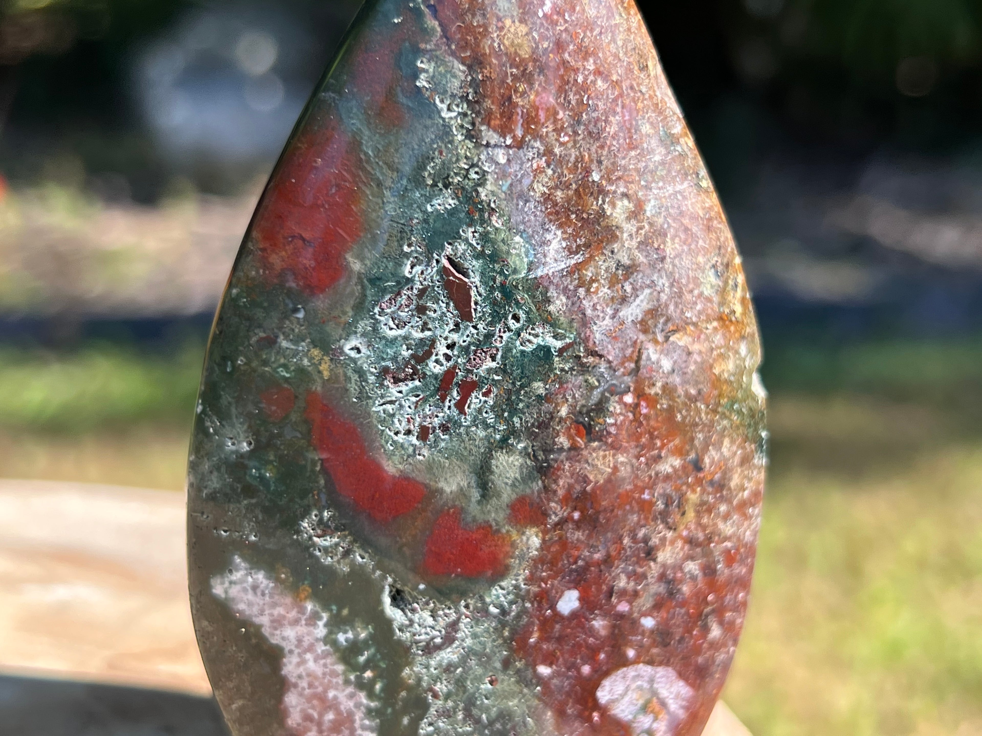 A close up of the stunning colours and details on the ocean jasper flame 
