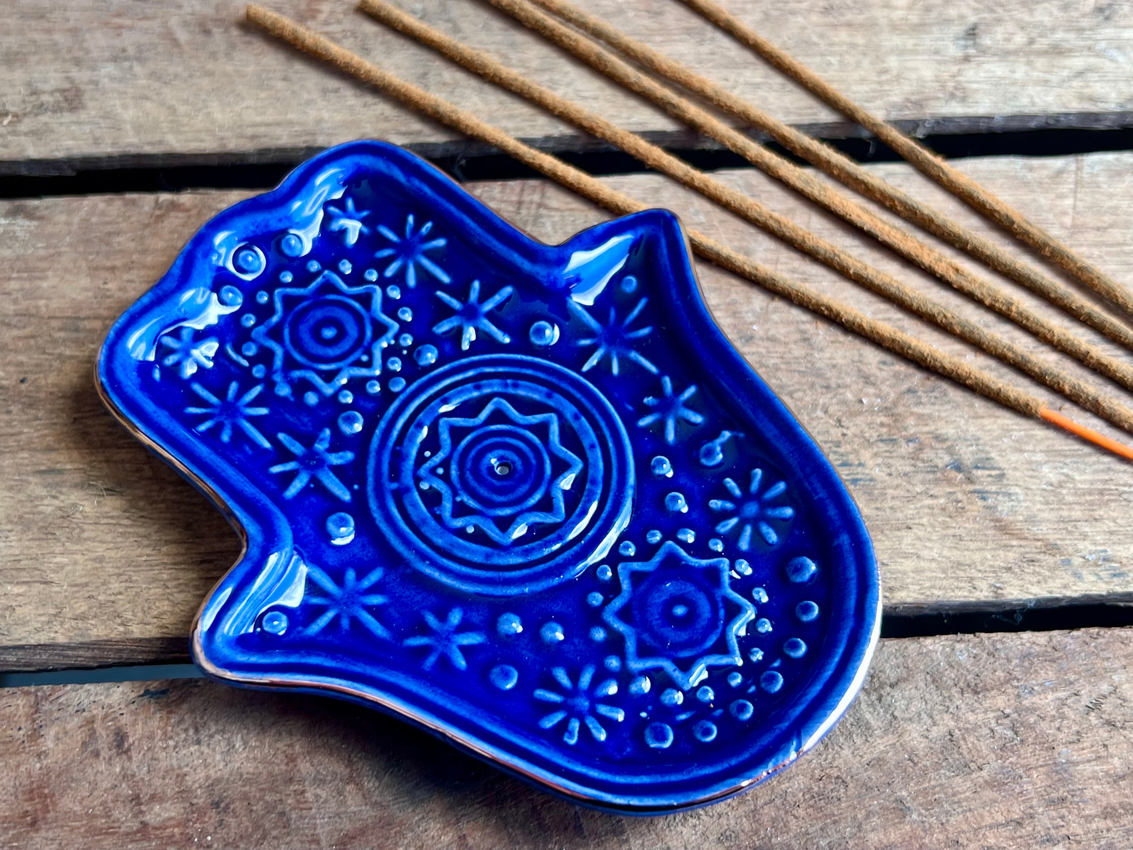 Ceramic Hamsa Incense Holder - Blue
