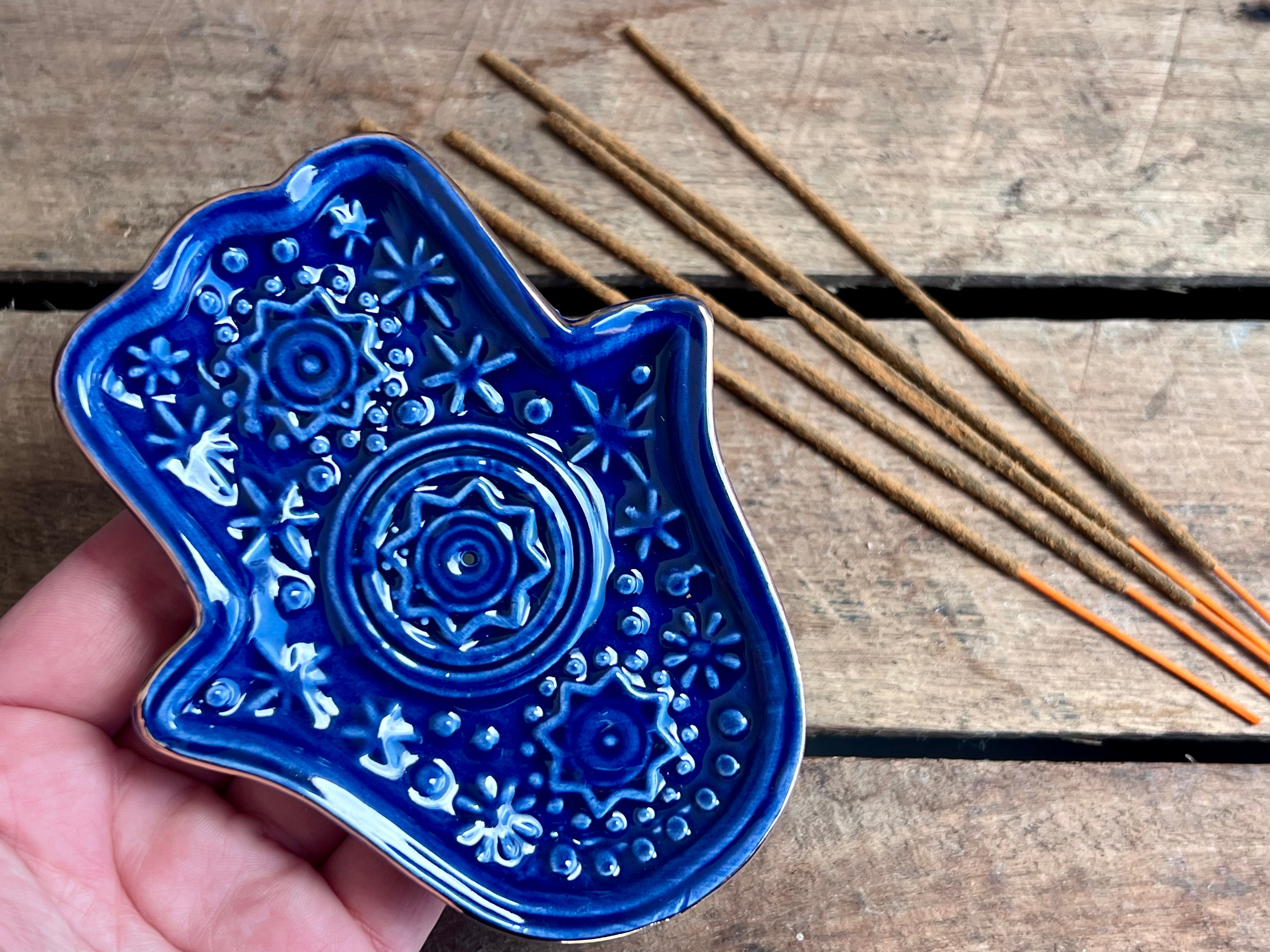 Ceramic Hamsa Incense Holder - Blue