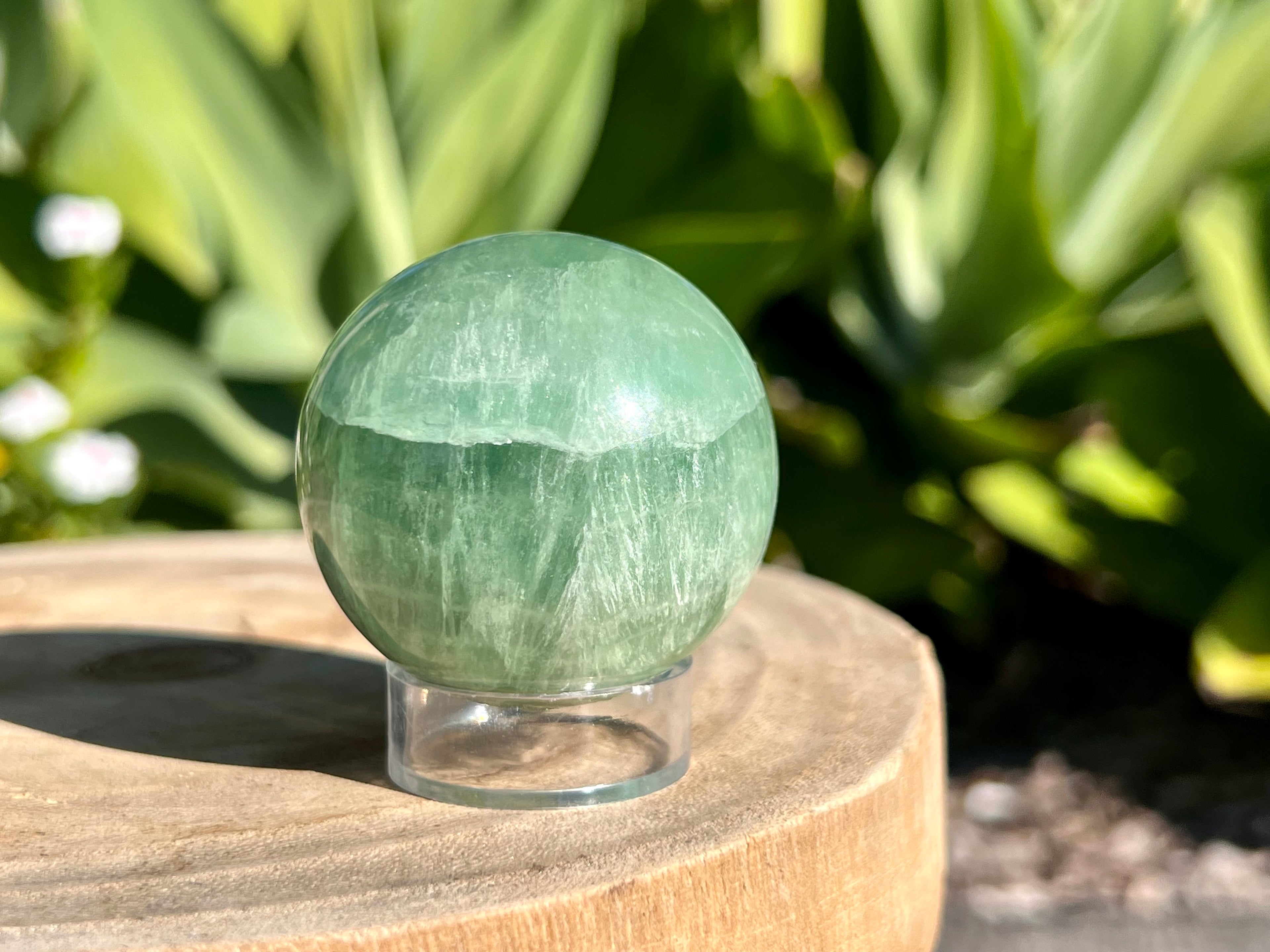 Green Fluorite sphere on a plastic sphere stand 