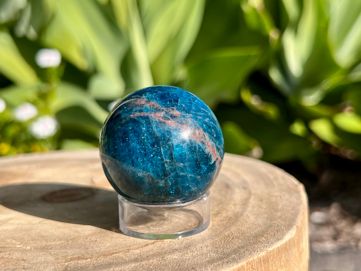 Blue Apatite sphere on a sphere stand with beautiful detail 