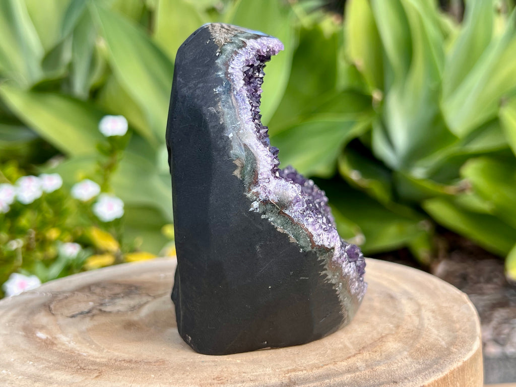 Amethyst cluster with polished edges. amethyst for spiritual protection and intuition. Natural Crystal Cluster side