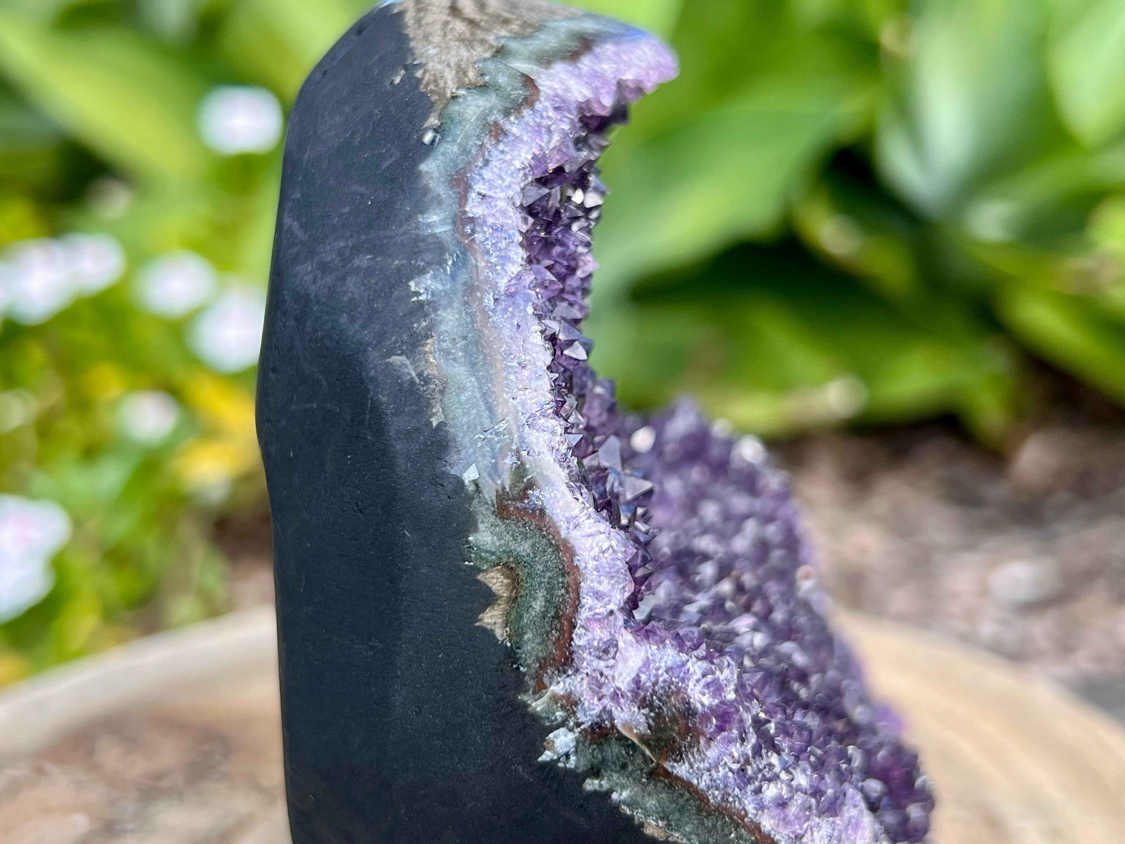 Amethyst cluster with polished edges. amethyst for spiritual protection and intuition. Natural Crystal Cluster. This is the side showing the polished edges 