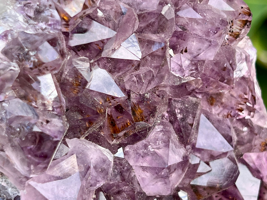 Amethyst cluster with chunky points. amethyst for spiritual protection and intuition. Natural Crystal Cluster. Close up of the inclusions in the points 