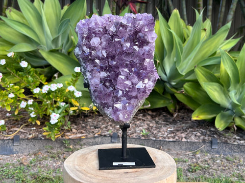 Amethyst cluster on custom metal stand. amethyst cluster crystal for spiritual protection and intuition
