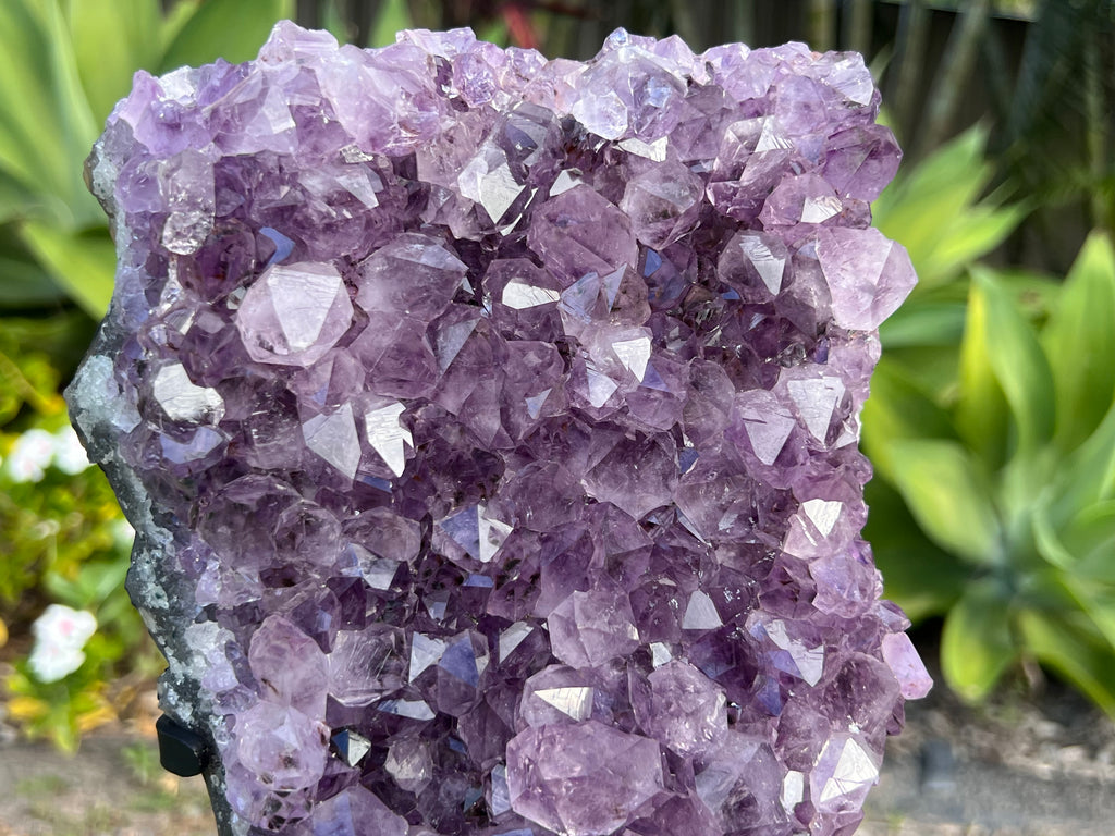 Amethyst cluster on custom metal stand. amethyst cluster crystal for spiritual protection and intuition