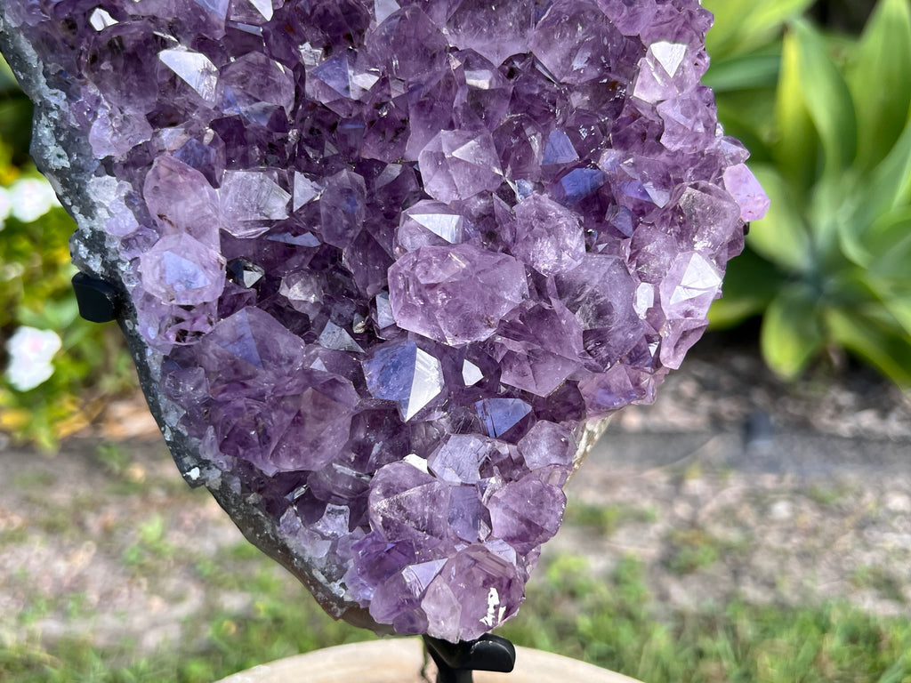 Amethyst cluster on custom metal stand. amethyst for spiritual protection and intuition. Natural Crystal Cluster 