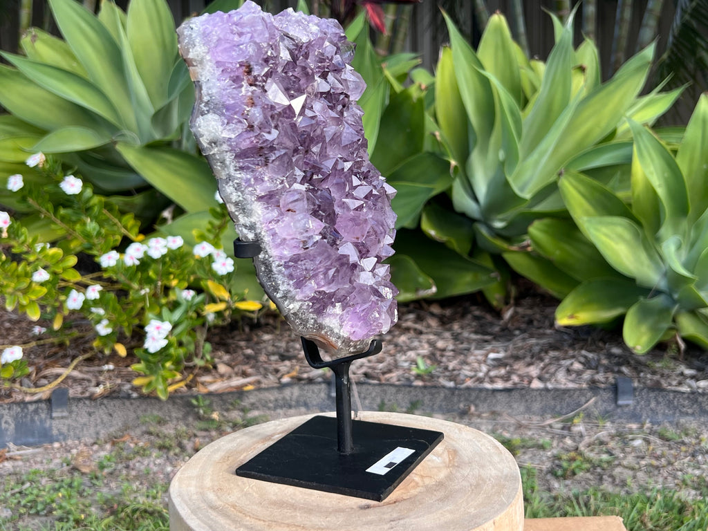 Amethyst cluster on custom metal stand. amethyst for spiritual protection and intuition. Natural Crystal Cluster 