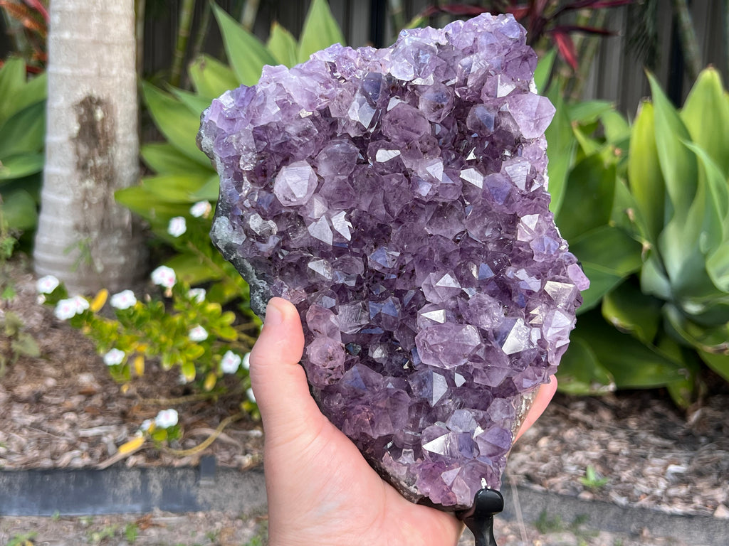 Amethyst cluster on custom metal stand. amethyst for spiritual protection and intuition. Natural Crystal Cluster 