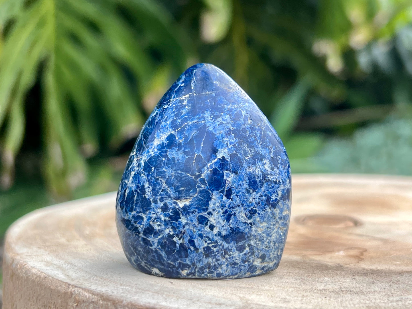 Deep blue Dumortierite freeform with fibrous texture and natural shimmer, known for enhancing mental clarity, focus, and patience