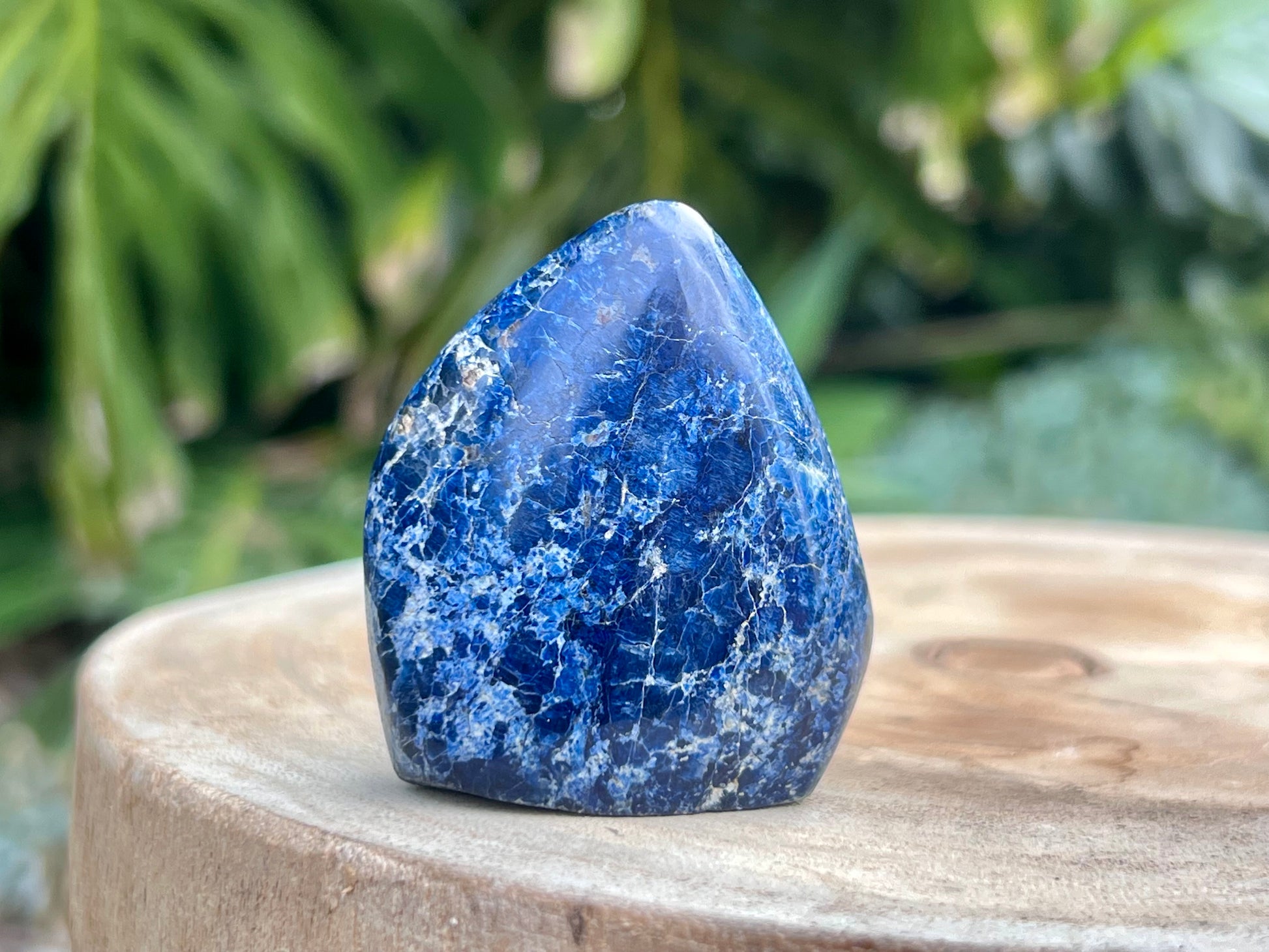 Deep blue Dumortierite freeform with fibrous texture and natural shimmer, known for enhancing mental clarity, focus, and patience